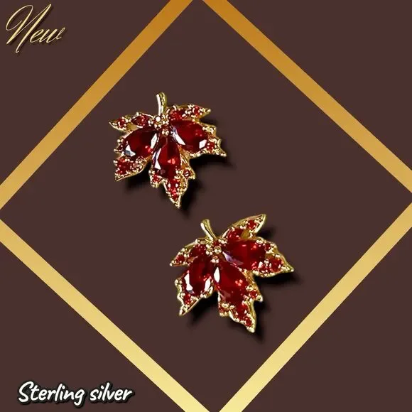NEW Exclusively Fancy – 925 Sterling Silver Red Maple Leaf Stud Earrings - Picture 3 of 3